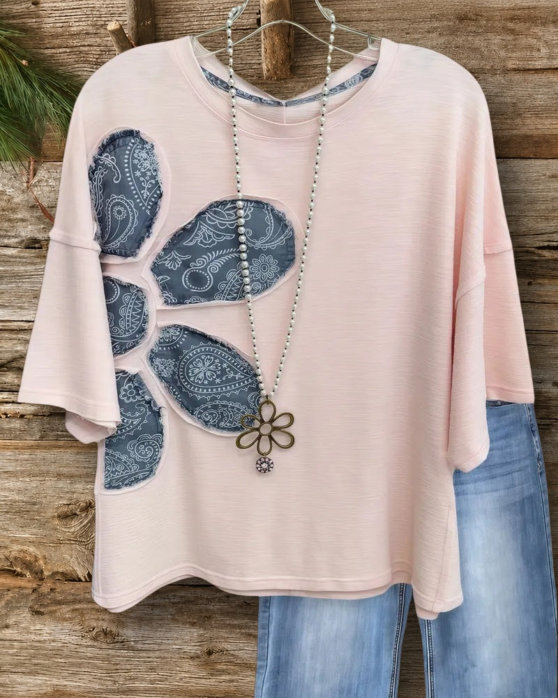 Floral Applique Round Neck Casual Drop-Shoulder Shirt