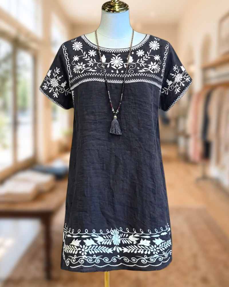 Floral Embroidery Short Sleeve Loose Boho Casual Midi Dress