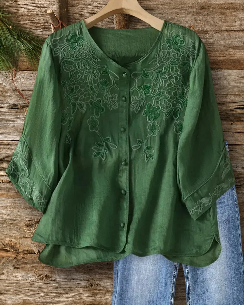 Floral Embroidered V Neck 3/4 Sleeve Button Front Blouse