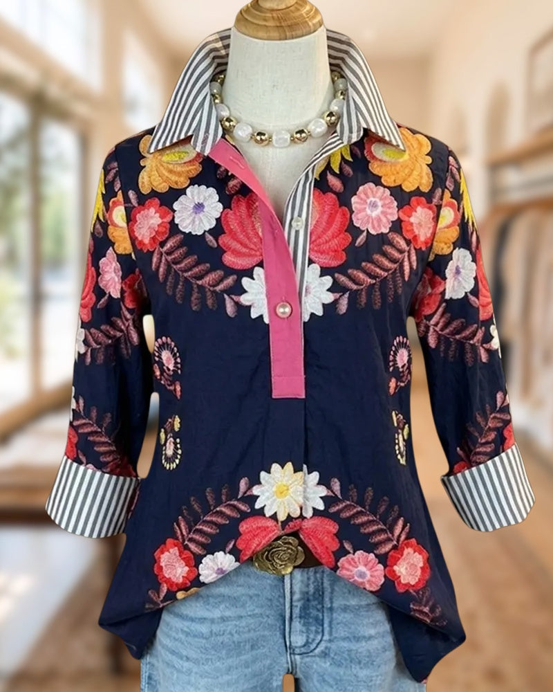 Floral Print Striped Accent Collared 3/4 Sleeve Casual Blouse