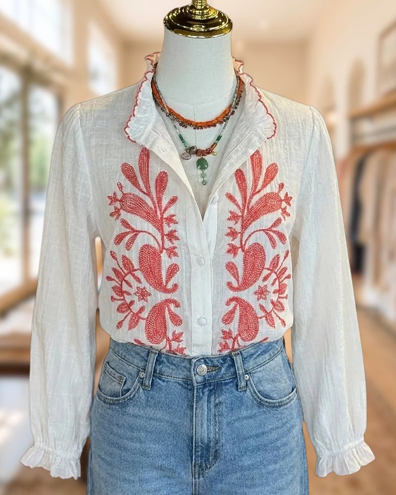 Frill Collar Embroidered Ruffle Cuff Button Front Blouse