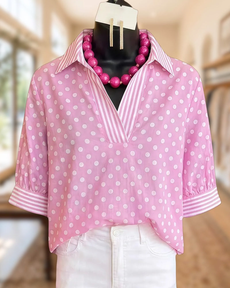Polka Dot Striped Trim Collared V Neck Half Sleeve Blouse