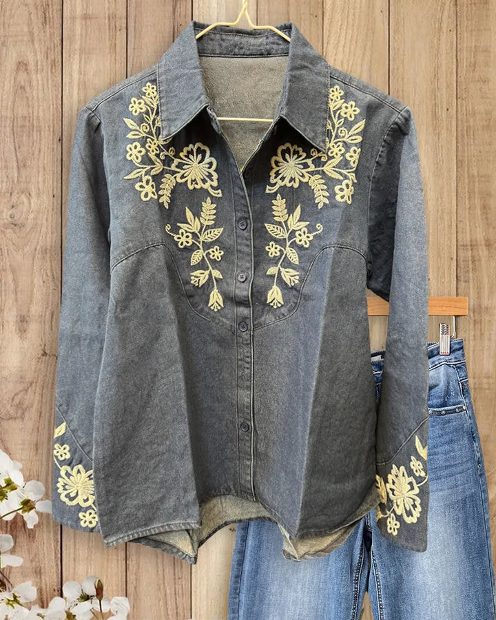 Detailed Floral Embroidered Long Sleeve Denim Shirt