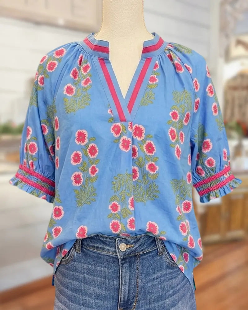 Floral Print V Neck Puff Sleeve Smocked Cuff Casual Blouse