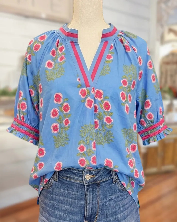 Floral Print V Neck Puff Sleeve Smocked Cuff Casual Blouse