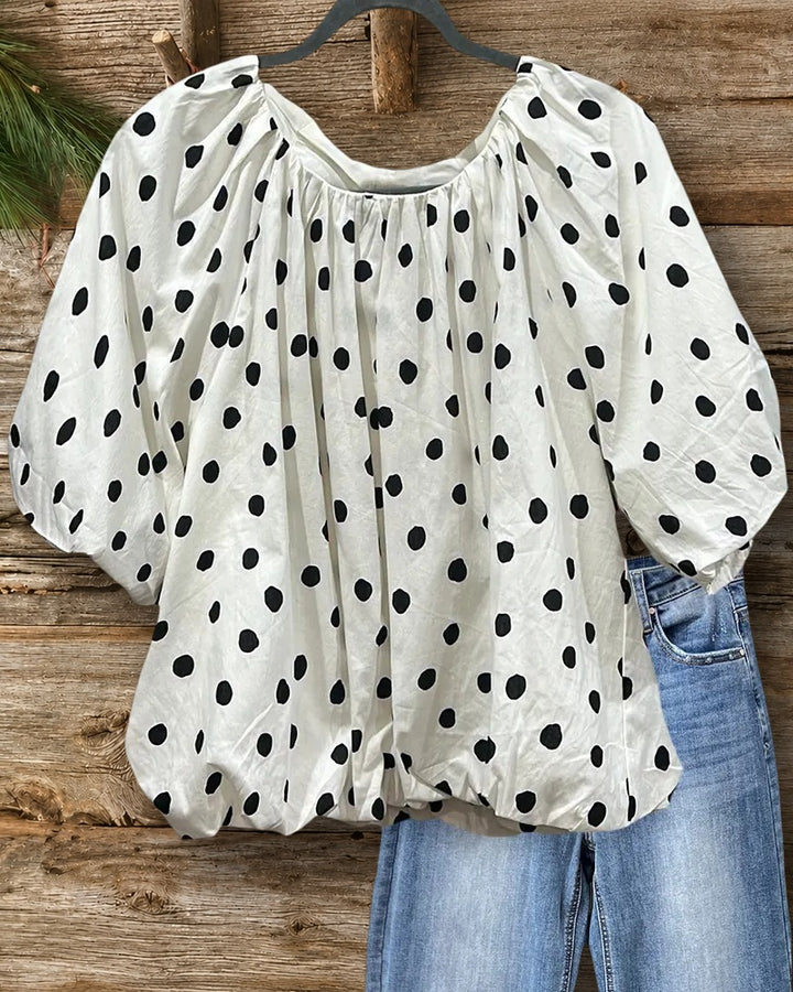 Polka Dot Puff Sleeve O Neck Cute Casual Blouse