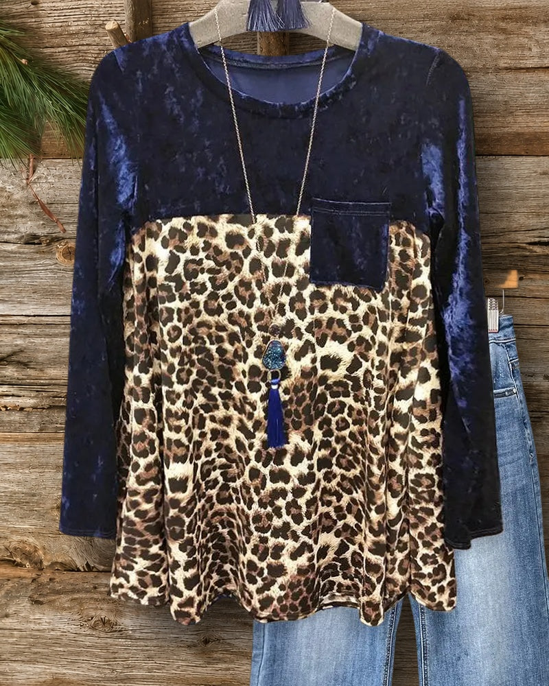 Leopard Print Patchwork Casual Wear Round Neck Shirt