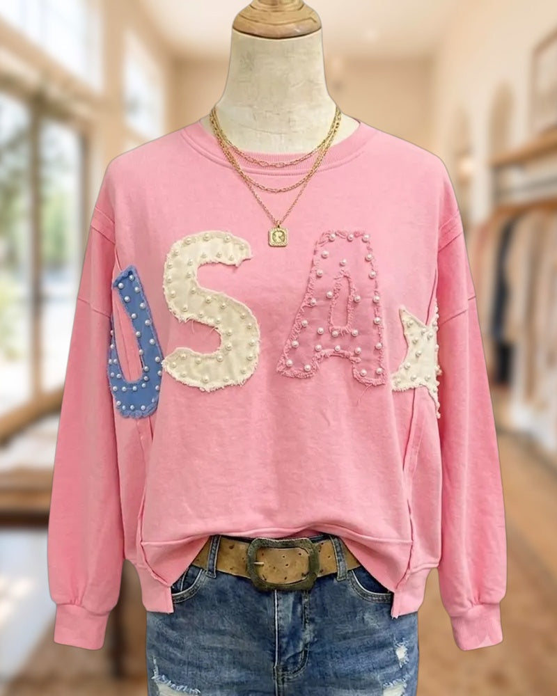 Pearl Embellished Letter Applique Crew Neck Casual Loose Sweatshirt