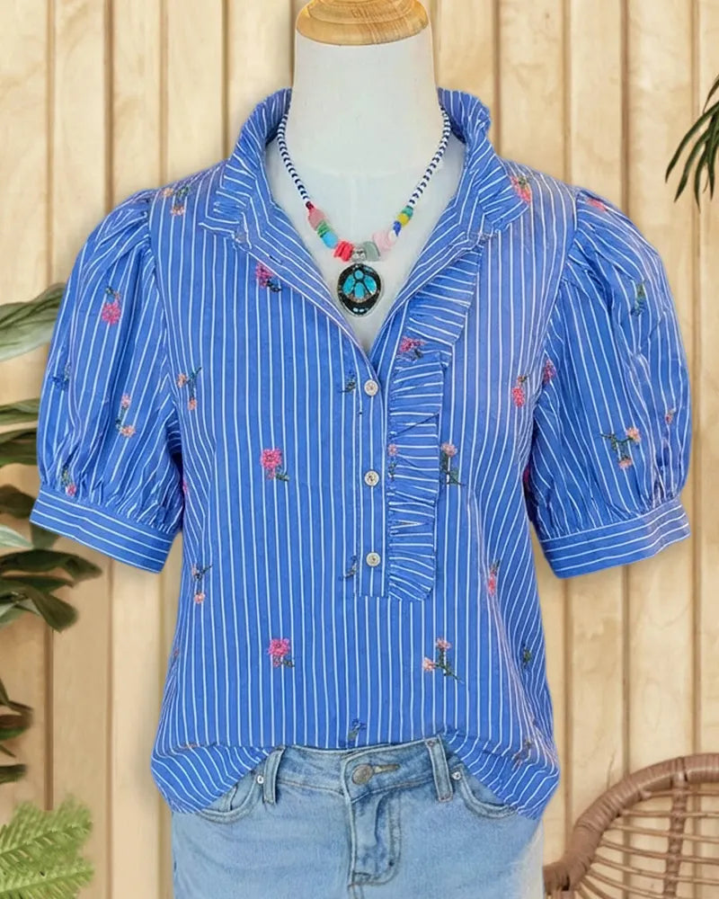 Floral Print & Striped Glamorous Puff Sleeve Ruffles Trim Blouse
