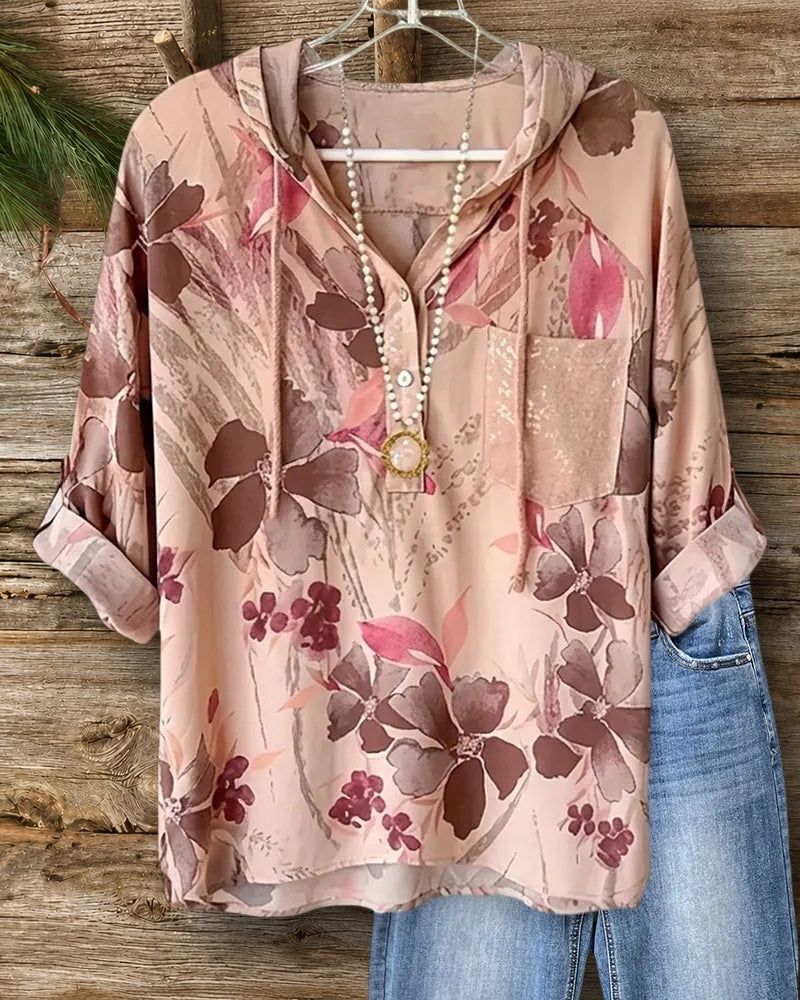 Floral Hoodie Sequin Pocket Blouse