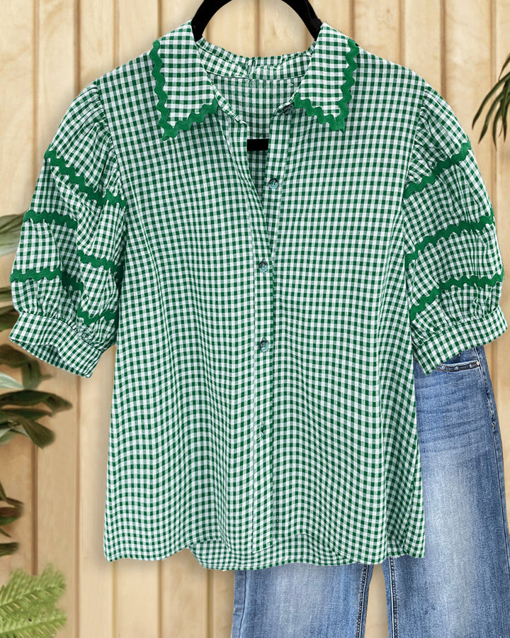 Gingham Playful Ricrac Button Down Blouse