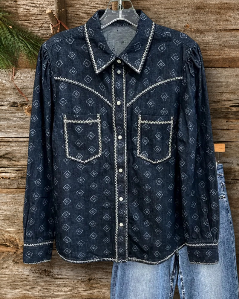 Embroidered Trim Pearl Snap Long Sleeve Collared Shirt