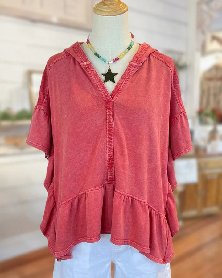 Hooded V Placket Ruffled Hem Short Sleeve Loose Top