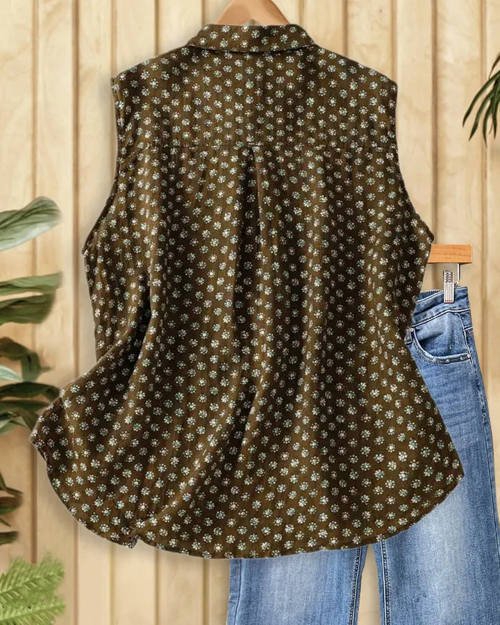 Collared Sleeveless Ditsy Floral Button Front Blouse