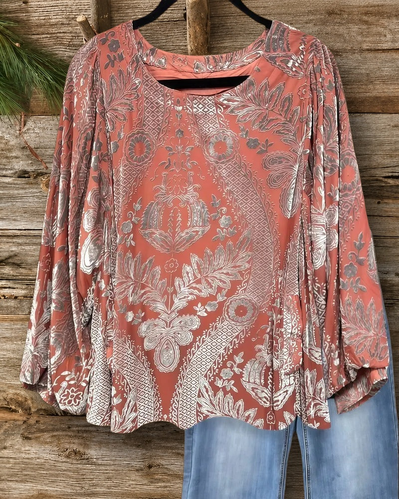Velvet Floral Print Retro Round Neck Blouse