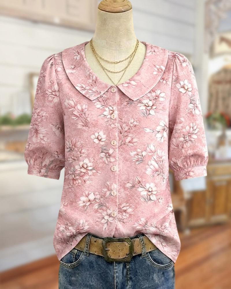 Peter Pan Collar Puff Sleeve Floral Print Button Front Blouse