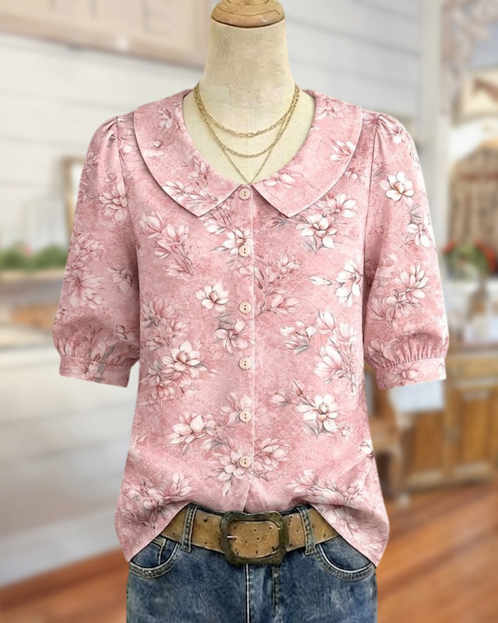 Peter Pan Collar Puff Sleeve Floral Print Button Front Blouse