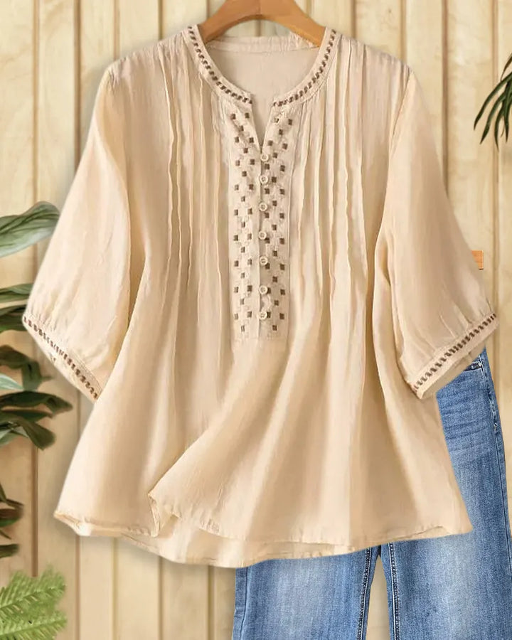 Embroidered V Neck Loose Pleated Detail 3/4 Sleeve Blouse