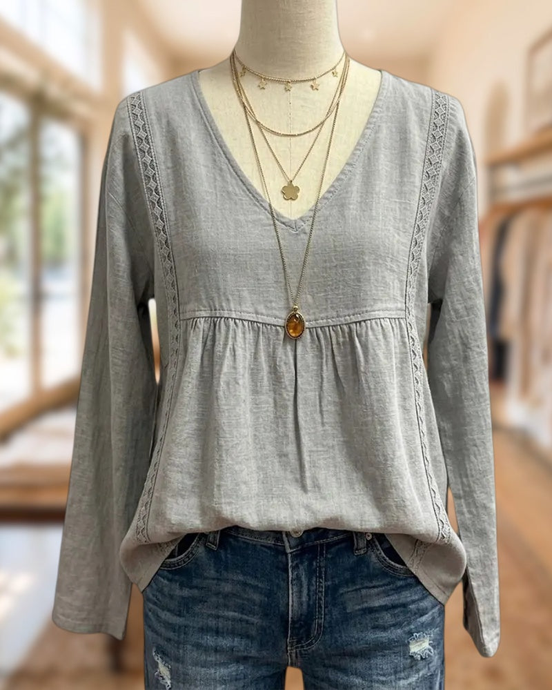 V Neck Lace Insert Long Sleeve Solid Color Casual Blouse