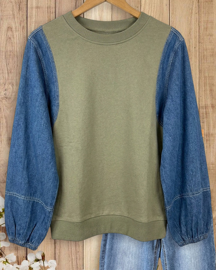 Crew Neck Contrast Denim Long Sleeve Casual Sweatshirt