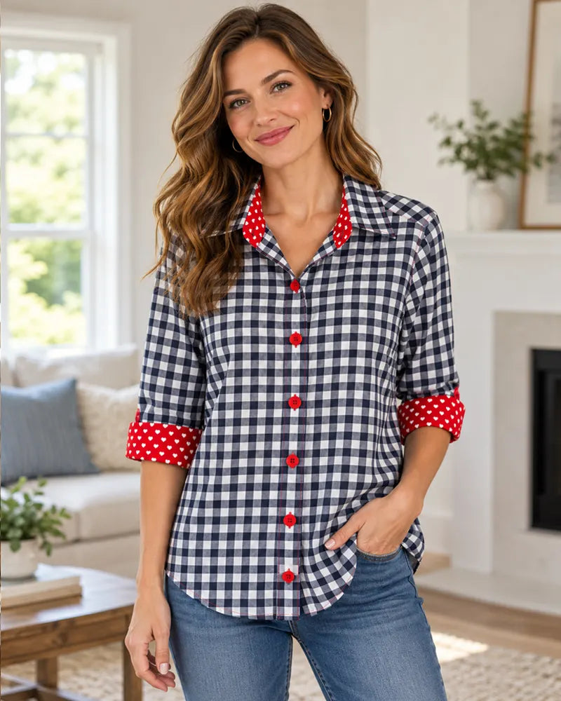 Gingham Plaid Contrast Cuff Button Shirt