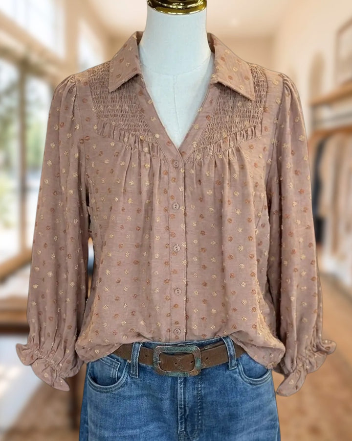 Collared Smocked Ruffle Cuff Button Front Polka Dot Blouse