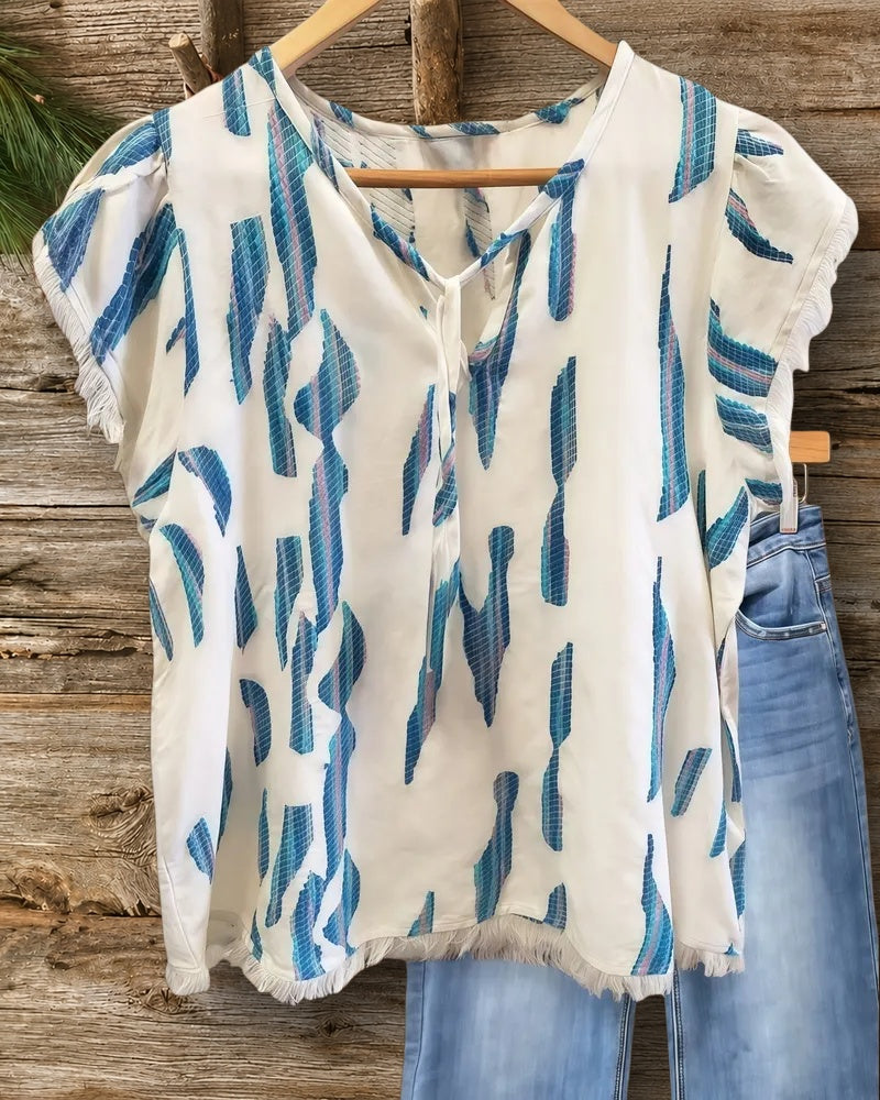 Abstract Print Classic Tie Neck Frayed T-Shirt