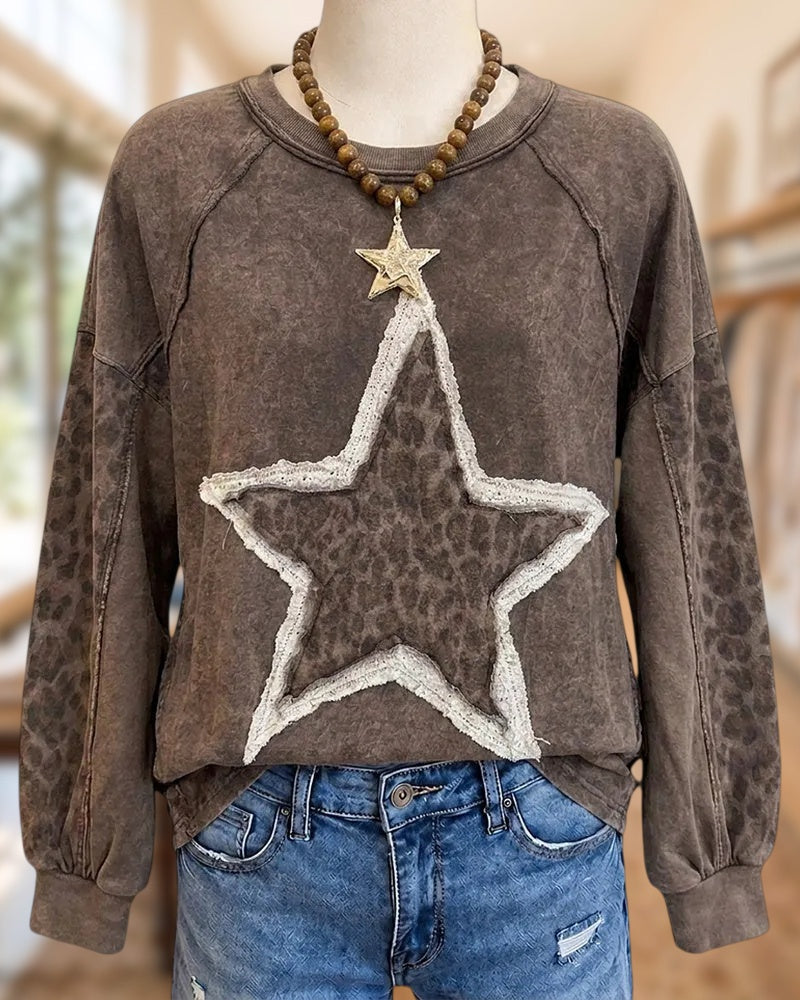 Patchwork Leopard Print Star Applique Sweatshirt