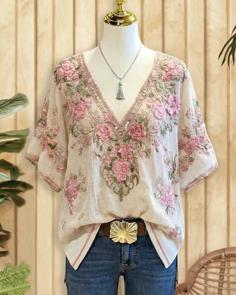 Floral Print Pastoral V Neck Blouse