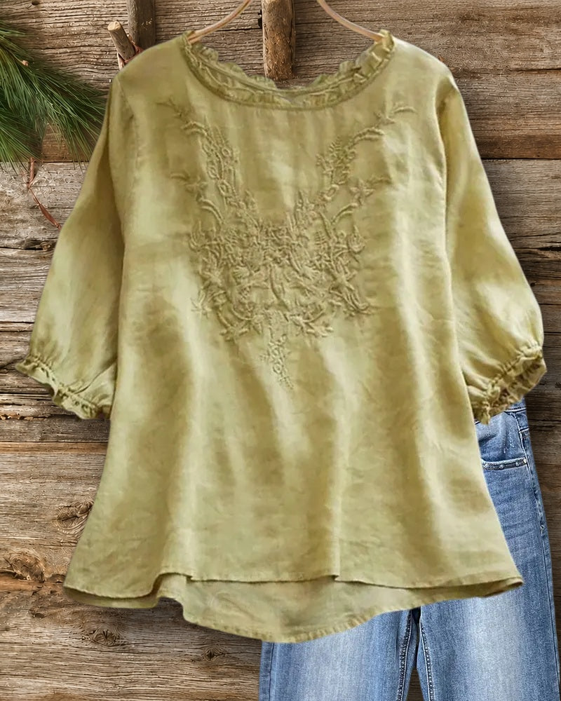 Embroidered Ruffled Trim O-Neck High-Low Hem Loose Casual Blouse