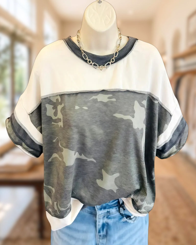 Patchwork Camouflage Round Neck Sporty Seamed T-Shirt