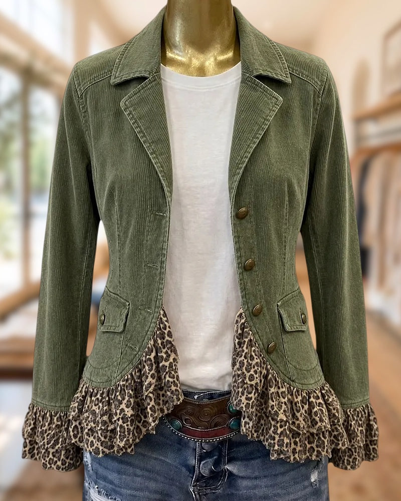 Single Breasted Corduroy Lapel Jacket With Leopard Ruffled Tiered Hem
