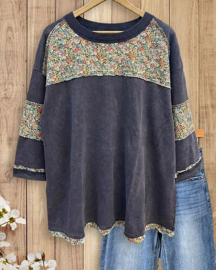Patchwork Floral Crew Neck 3/4 Sleeve Cozy Sweatshirt