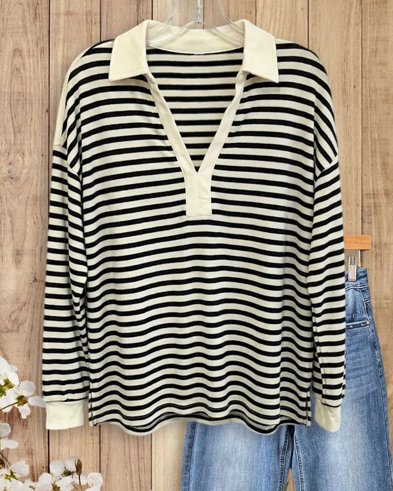 Collared Striped V-Placket Long Sleeve Relaxed Fit Casual Shirt
