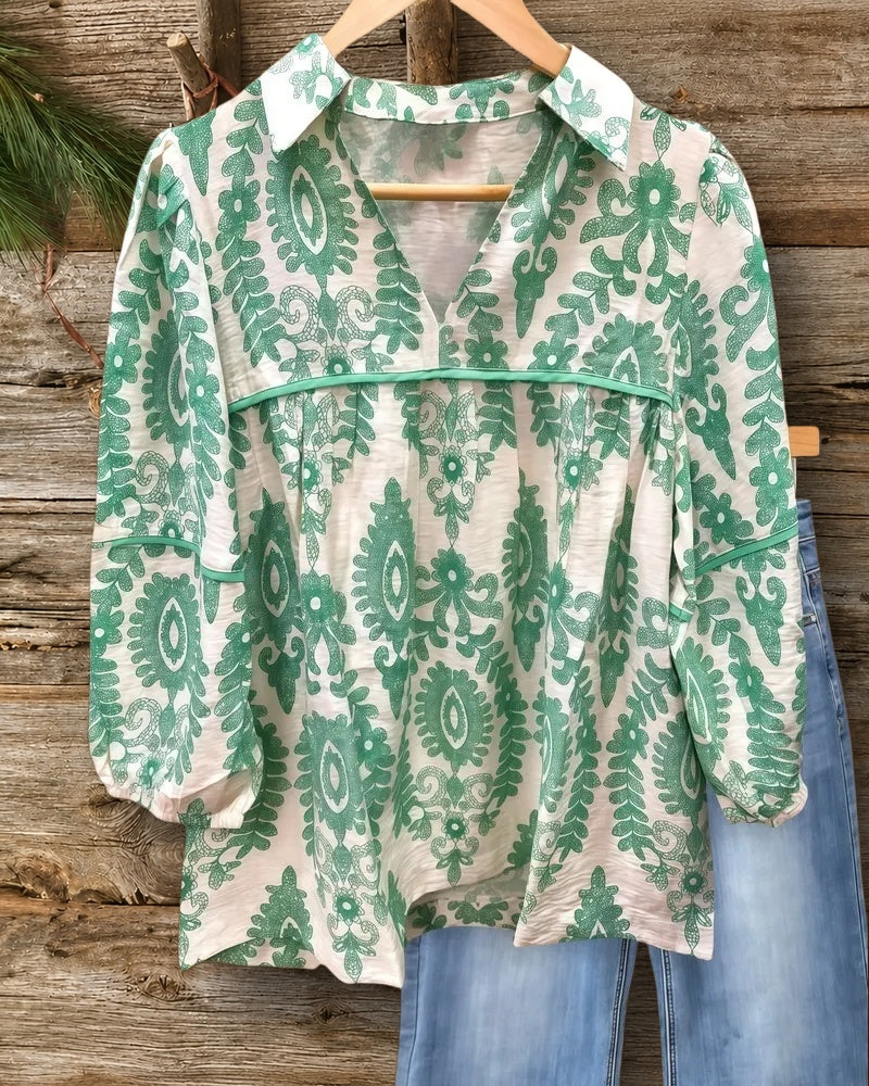 Floral Print Boho V Neck Puff Sleeve Blouse