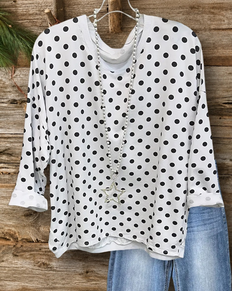 Polka Dot Long Sleeve Round Neck Casual T-Shirt