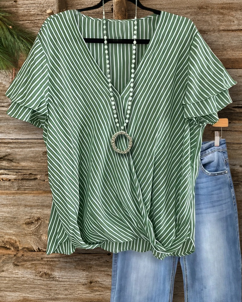 Stripe Unique Asymmetric Tiered Ruffle Sleeve T-Shirt
