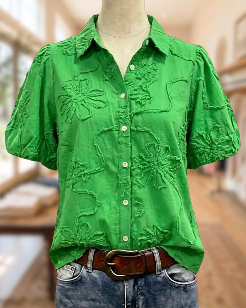Embroidered Puff Sleeve Collared Button Front Casual Blouse