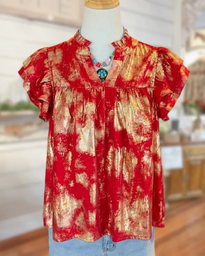 Metallic Print V Neck Flutter Sleeve Gathered Casual Blouse