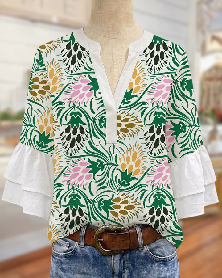 Tropical Tiered Flare Sleeve Blouse