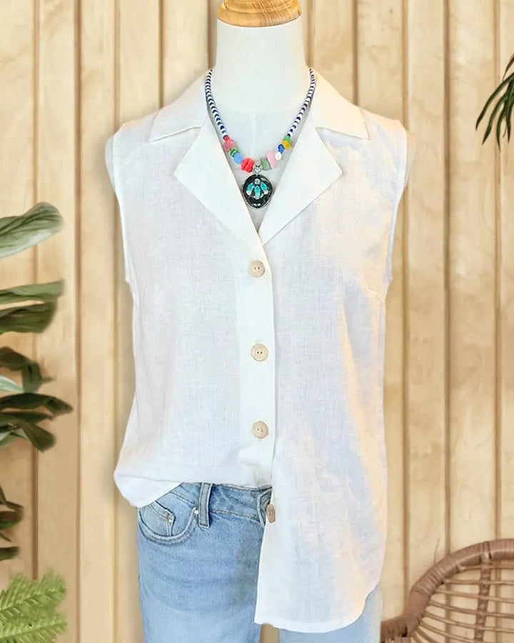 Sleeveless Collared Button Front Asymmetrical Hem Casual Shirt