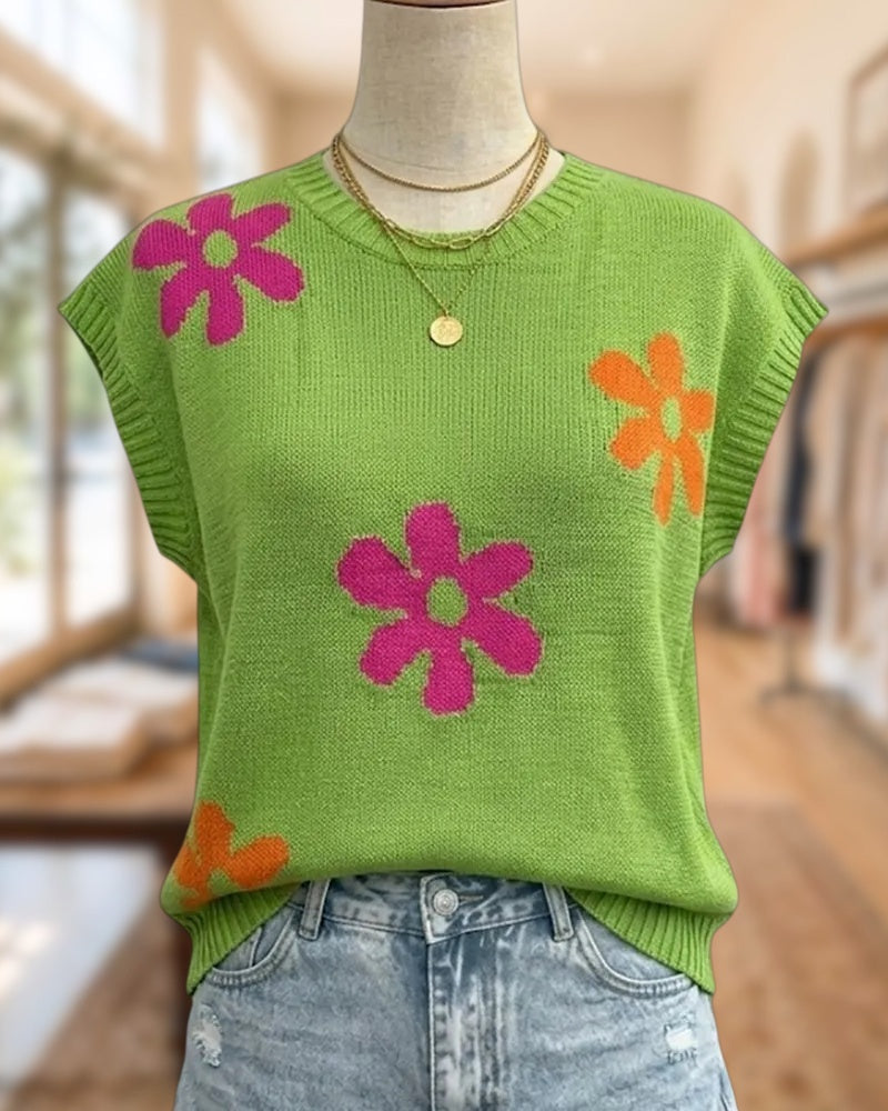 Floral Pattern Knitted Cap Sleeve Cute Casual Blouse