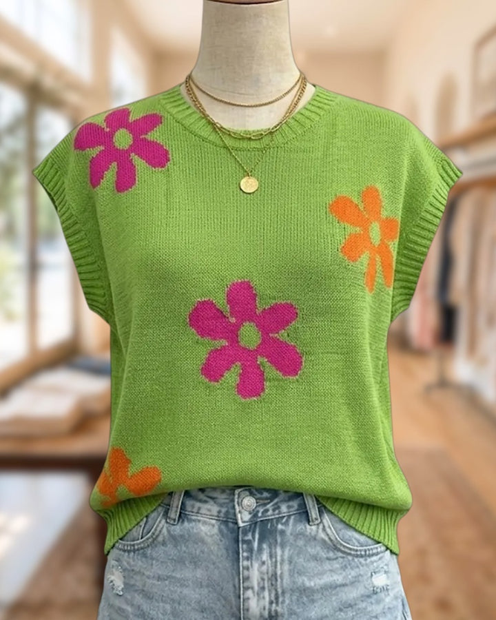 Floral Pattern Knitted Cap Sleeve Cute Casual Blouse