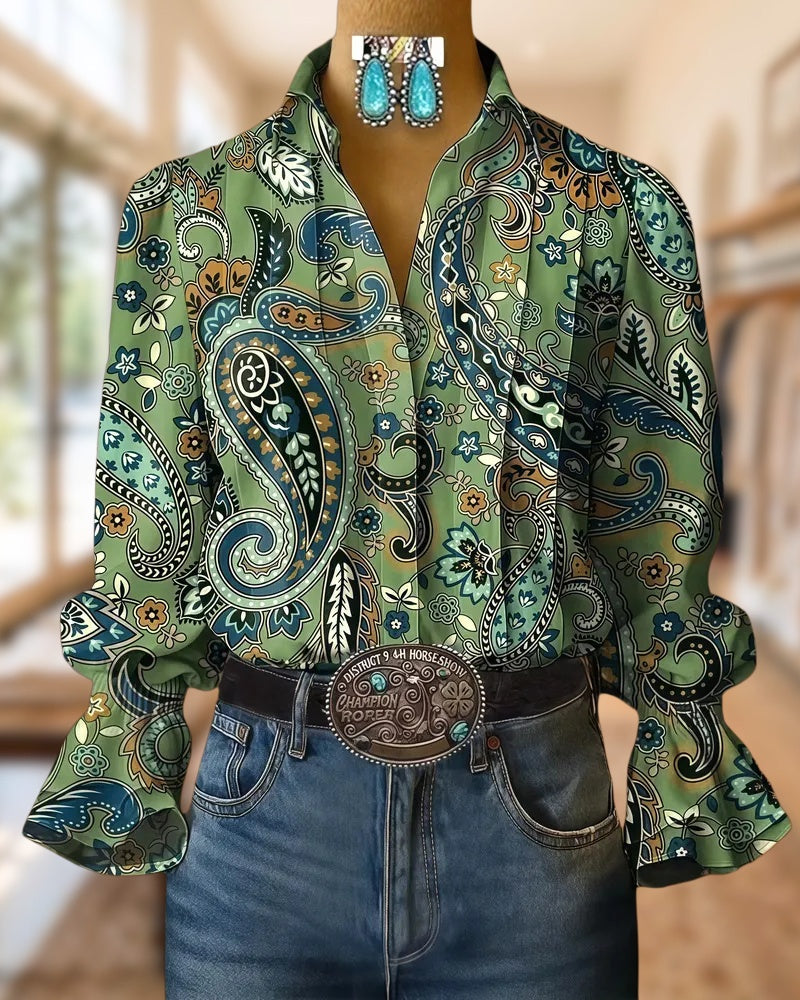 Paisley Print Trumpet Sleeve Feminine Button Up Blouse