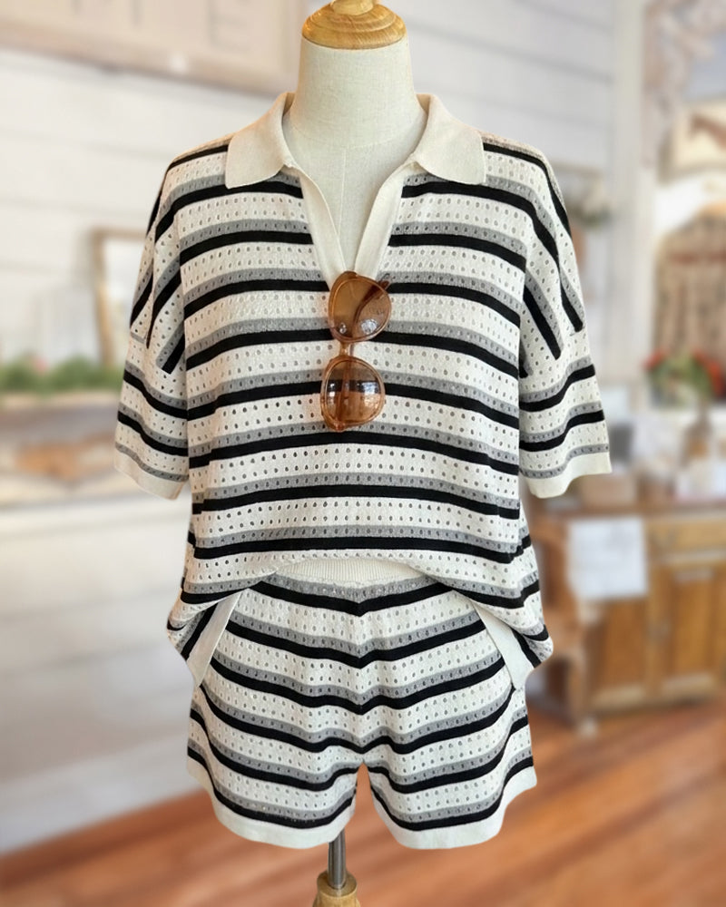 Striped Knit Collared Top And Shorts Two Piece Set