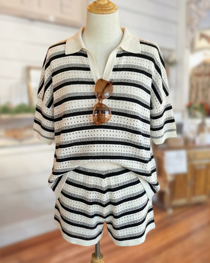 Striped Knit Collared Top And Shorts Two Piece Set