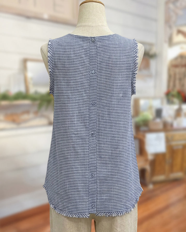 Striped Tassel Trim Sleeveless Round Neck Chic Blouse