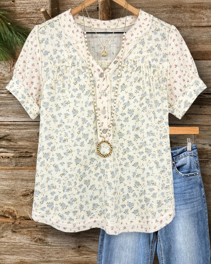 Floral Print Patchwork Puff Sleeve V Neck Sweet Flowy Blouse