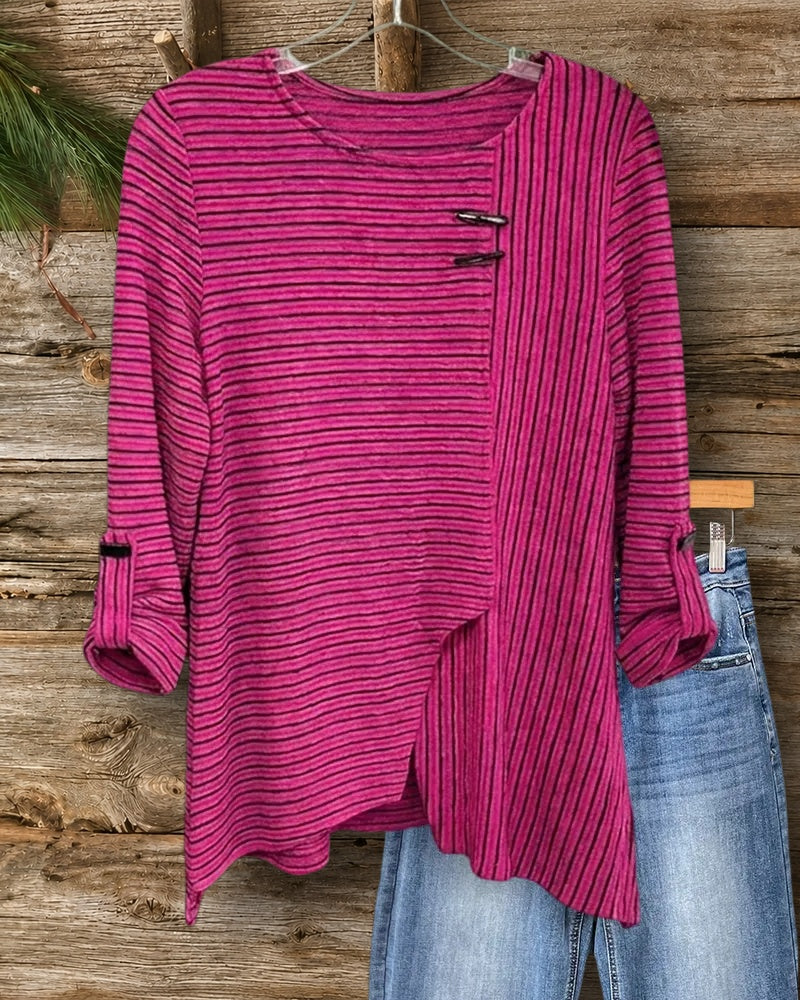 Striped Buckle Accent Roll Tab Sleeve Top