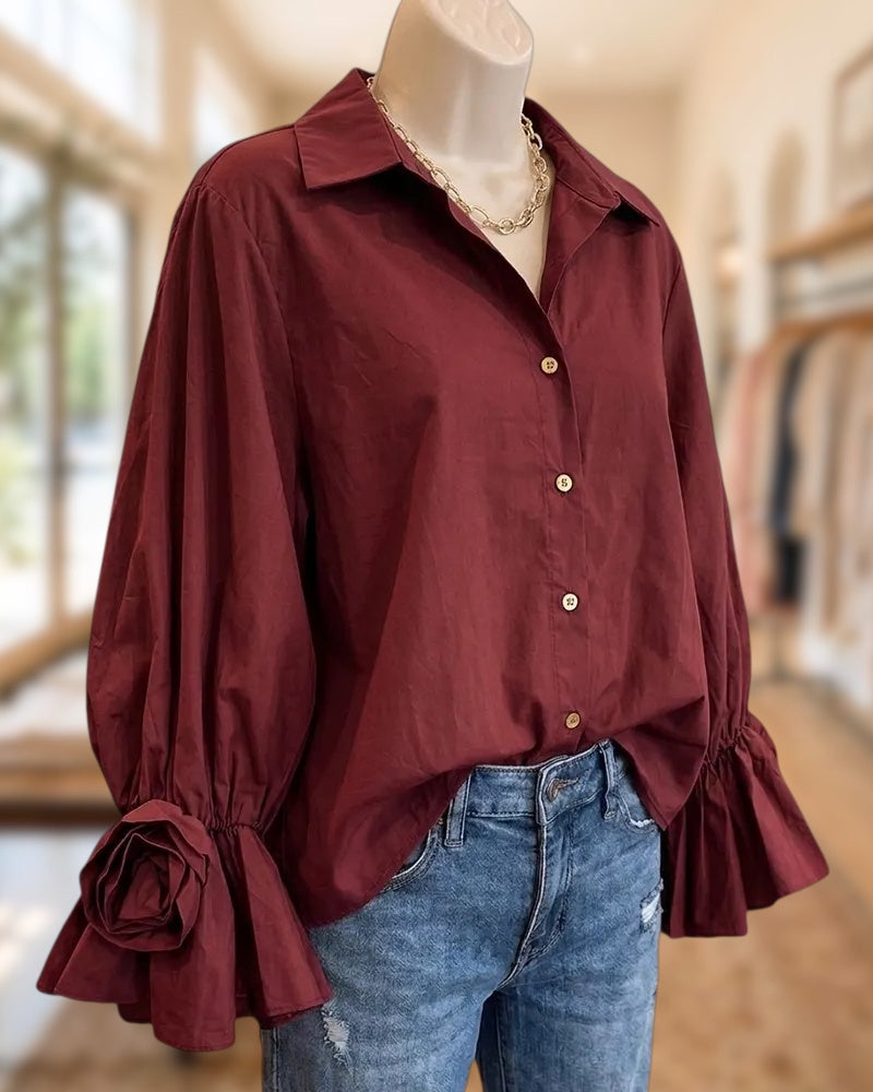Long Sleeve Collared Button Front Blouse With Rosette Flare Cuffs